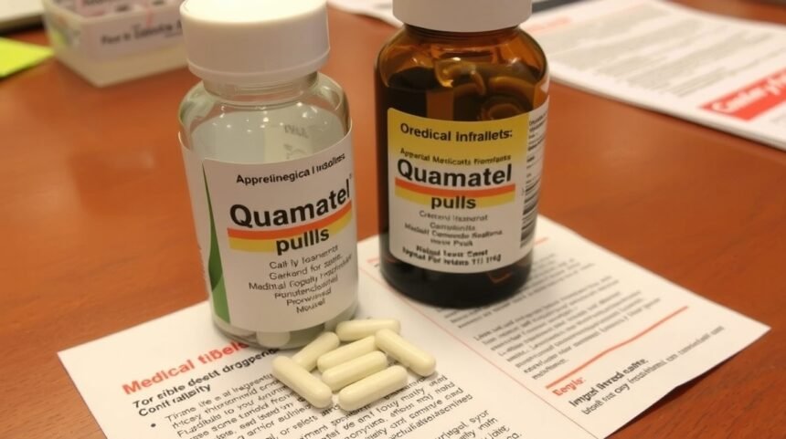Dve fľaše Quamatelu a tabletky na stoloch s informáciami o lieku.