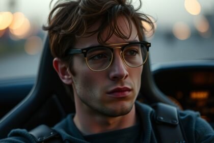 Mladý muž v automobile s výrazným pohľadom, odrážajúci strach alebo úzkosť.