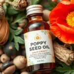 Fľaša makového oleja obklopená prírodnými ingredienciami