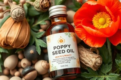 Fľaša makového oleja obklopená prírodnými ingredienciami