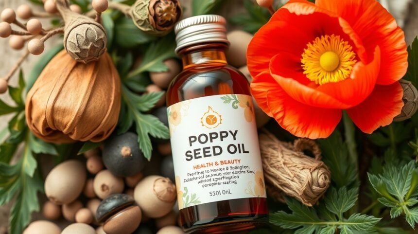 Fľaša makového oleja obklopená prírodnými ingredienciami
