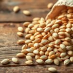 Slnečnicové semienka rozprášené na drevenom stole s kvetom v pozadí