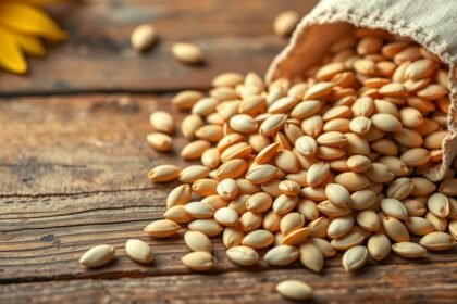 Slnečnicové semienka rozprášené na drevenom stole s kvetom v pozadí