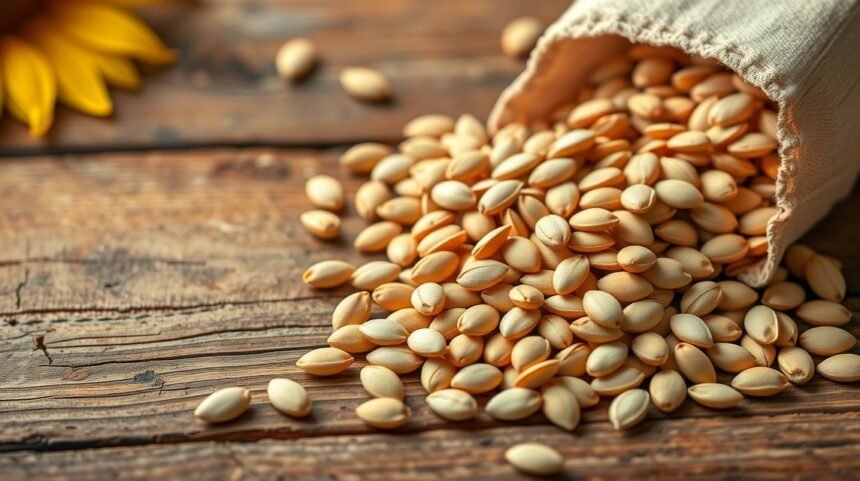 Slnečnicové semienka rozprášené na drevenom stole s kvetom v pozadí