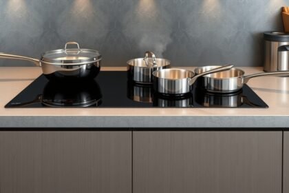 Indukčná varná doska s hrncami a panvicou v moderných kuchynských interiéroch