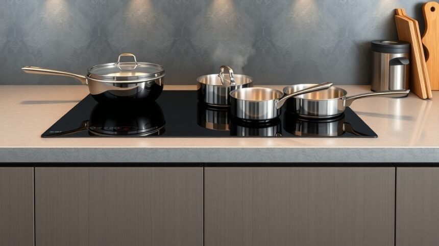 Indukčná varná doska s hrncami a panvicou v moderných kuchynských interiéroch
