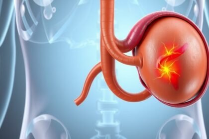 Žlčník v ľudskej anatómii s vyznačenými problémami.