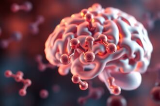 Grafická ilustrácia mozgu a molekúl dopamínu v pozadí