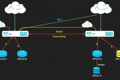 Diagram znázorňujúci RIP protokol v sieti s smerovačmi.