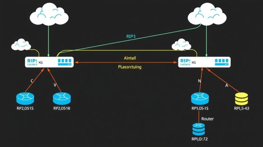 Diagram znázorňujúci RIP protokol v sieti s smerovačmi.