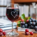 Sklenená pohár červeného vína srdcom, hrozno a knihy na stole