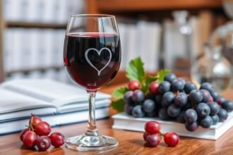 Sklenená pohár červeného vína srdcom, hrozno a knihy na stole