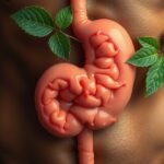 Žalúdok a črevá s listami symbolizujúce pozitívne účinky trieslovín na trávenie.