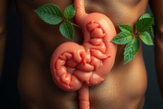 Žalúdok a črevá s listami symbolizujúce pozitívne účinky trieslovín na trávenie.