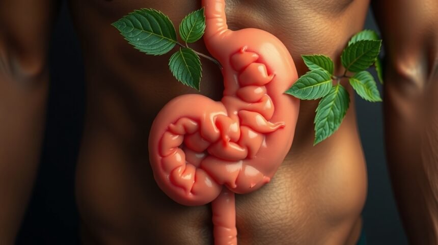 Žalúdok a črevá s listami symbolizujúce pozitívne účinky trieslovín na trávenie.