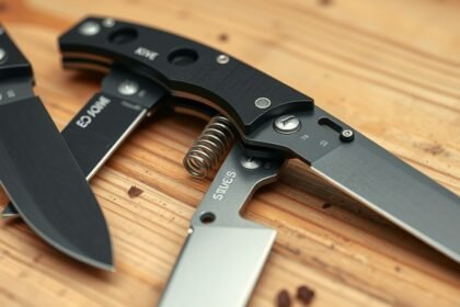 Pružinové nože na drevenom stole s detailmi čepele a pružiny.