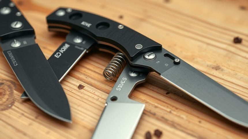 Pružinové nože na drevenom stole s detailmi čepele a pružiny.