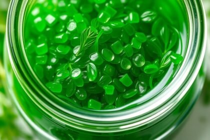 Zelené gélové kapsule chlorelly v sklenenom obale.