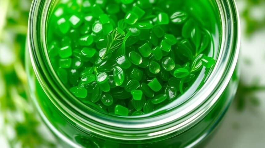 Zelené gélové kapsule chlorelly v sklenenom obale.