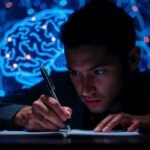 Muž píše rukou pod zobrazením mozgu a nervových spojení