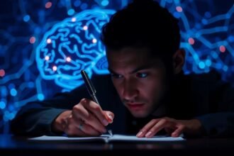 Muž píše rukou pod zobrazením mozgu a nervových spojení