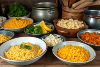 Rôzne druhy kukuričnej krupice a zeleniny pripravené na varenie.