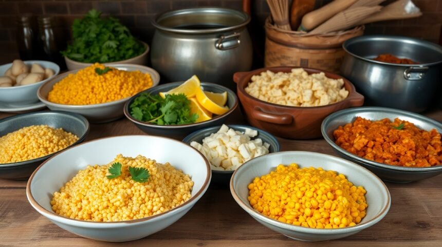 Rôzne druhy kukuričnej krupice a zeleniny pripravené na varenie.