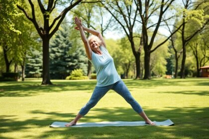 Žena cvičí na jogovej podložke v parku, posilňuje chrbticu.