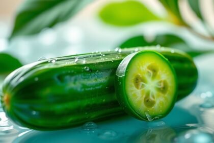 Čerstvá uhorka s vodnými kvapkami na modrom pozadí