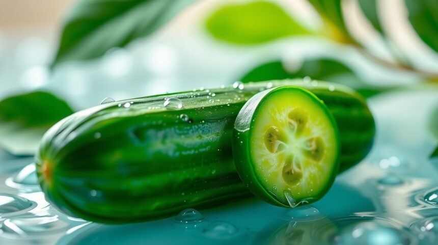 Čerstvá uhorka s vodnými kvapkami na modrom pozadí