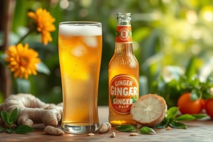 Osviežujúce zázvorové pivo v pohári s čerstvým zázvorom a citrusmi