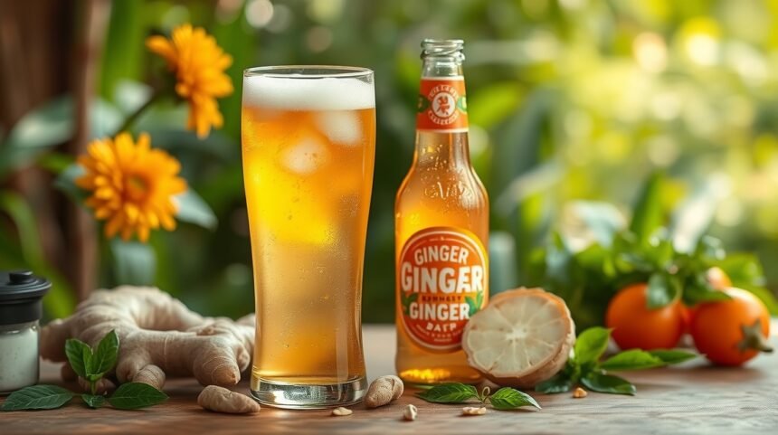 Osviežujúce zázvorové pivo v pohári s čerstvým zázvorom a citrusmi