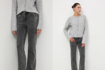 Dámske džínsy v šedej farbe s voľným pohybom vhodné na zimu.