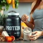 Žena odmeriavá proteínový prášok v kuchyni