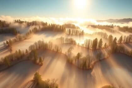 Pohľad na rozľahlú krajinu s lesmi a hmlou v pozadí