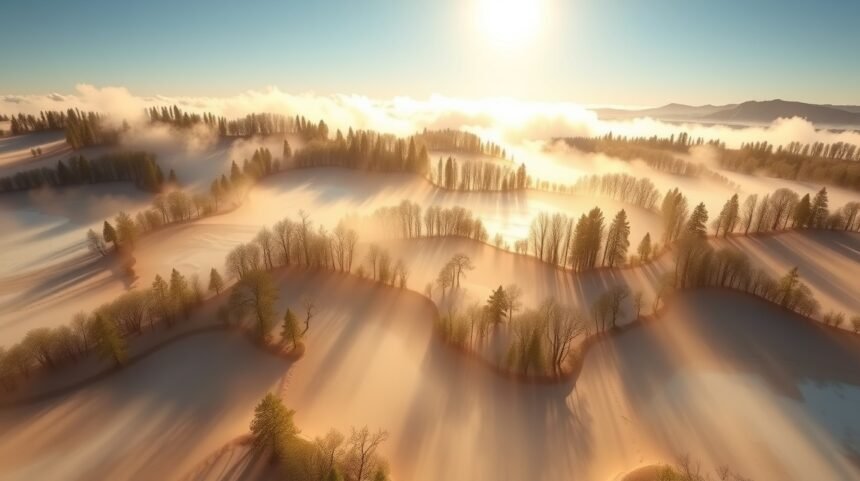 Pohľad na rozľahlú krajinu s lesmi a hmlou v pozadí