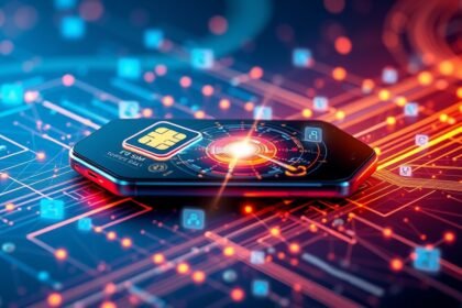 Moderný smartfón s technológie eSIM na digitálnom pozadí