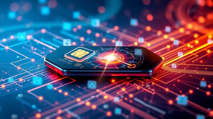 Moderný smartfón s technológie eSIM na digitálnom pozadí