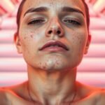 Mladá žena v soláriu, s akné na tvári, skúma účinky UV žiarenia.