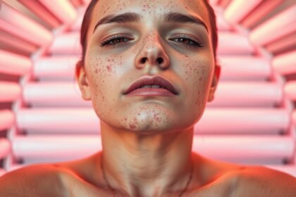 Mladá žena v soláriu, s akné na tvári, skúma účinky UV žiarenia.