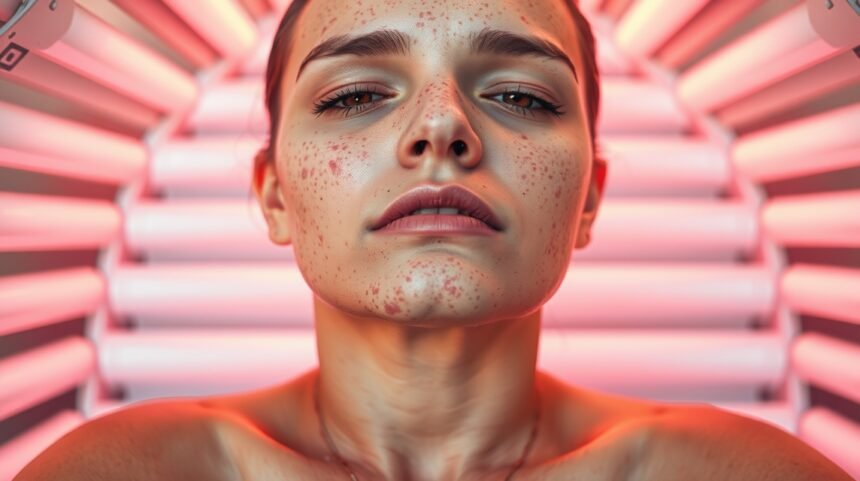Mladá žena v soláriu, s akné na tvári, skúma účinky UV žiarenia.
