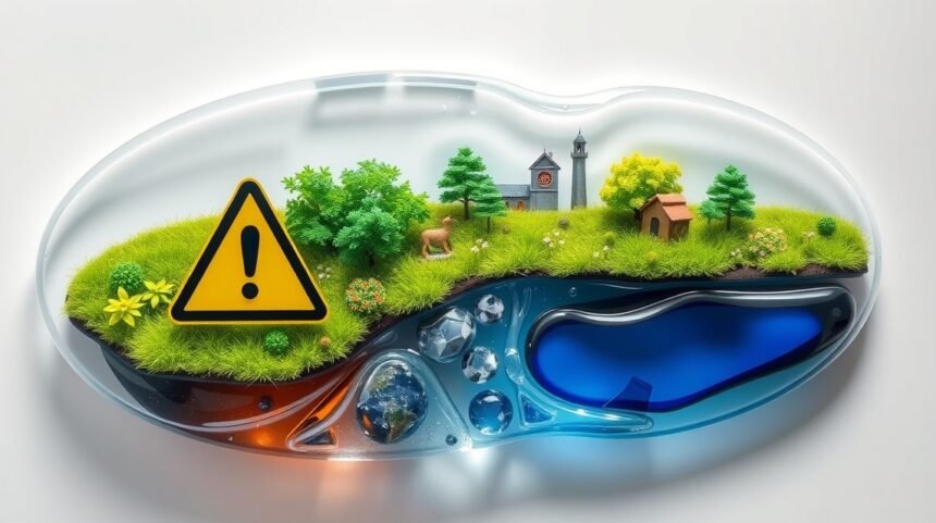 Krajina s varovným signálom z akrylu a prírodnými prvkami