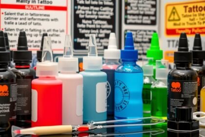 Rôzne farby a nástroje používané na tetovanie v štúdiu