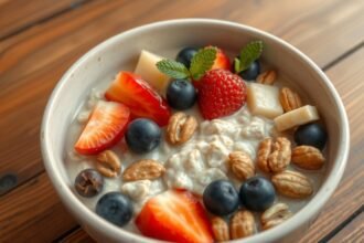 Miska ovsenej kaše s čerstvím ovocím a orechmi