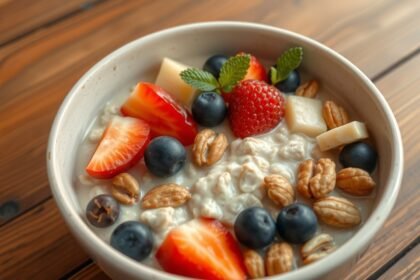 Miska ovsenej kaše s čerstvím ovocím a orechmi