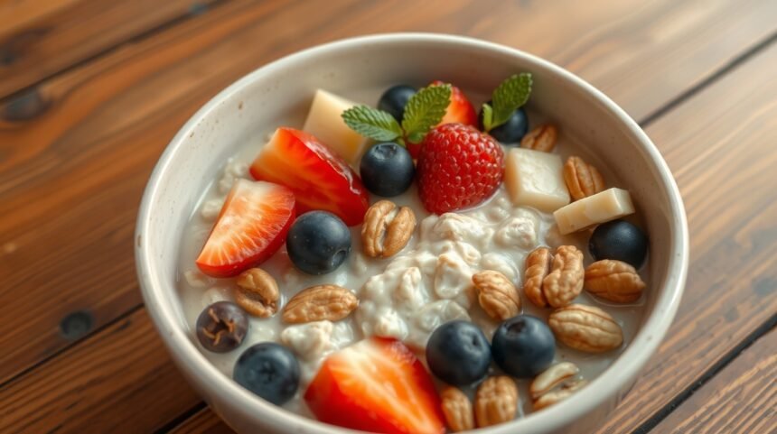 Miska ovsenej kaše s čerstvím ovocím a orechmi