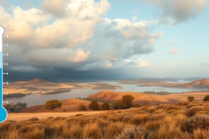 Krajina s teplomerom znázorňujúcim teplotu a oblačné počasie.