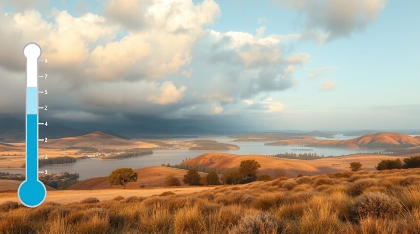 Krajina s teplomerom znázorňujúcim teplotu a oblačné počasie.