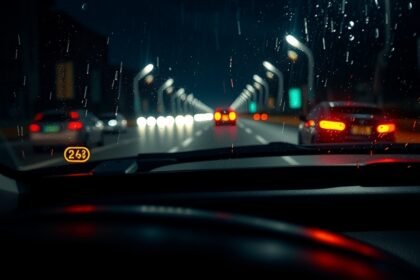 Nočný pohľad z auta s viditeľnými svetlami na ceste