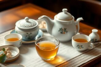 Biely čaj Pai Mu Tan s teapotom a šálkami na stole.